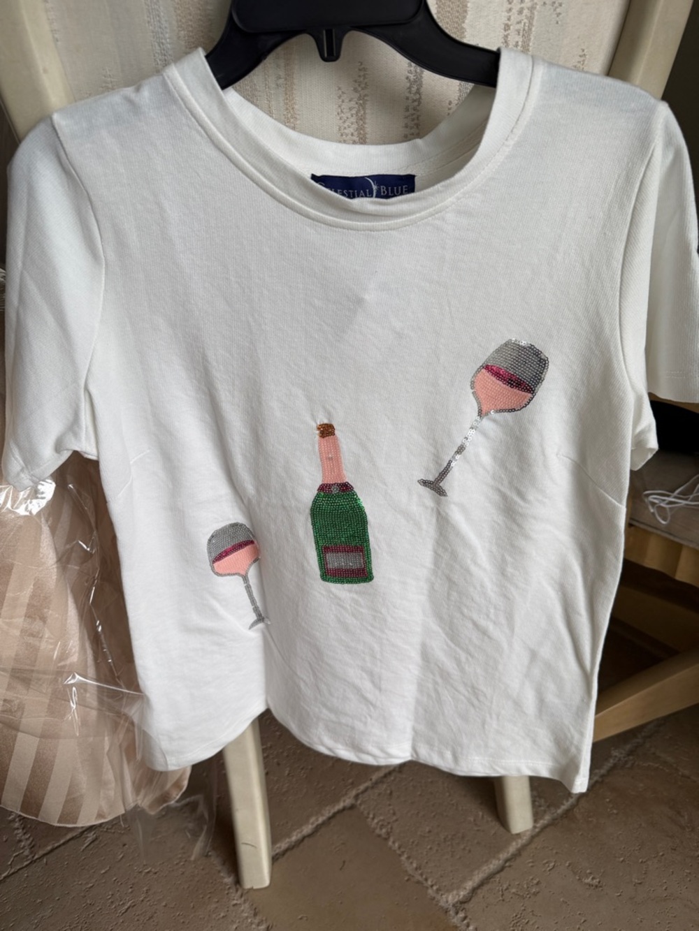 White Short-Sleeve Tee with Wine Bottle & Glass Embroidery